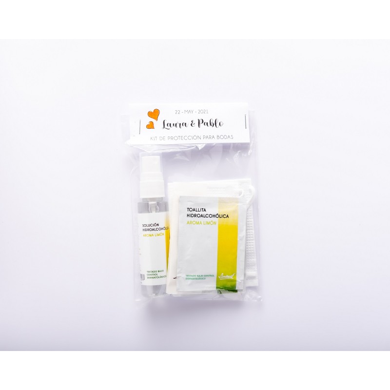 Kit anti Covid para bodas con spray hidroalcohólico de limón y mascarilla blanca Kit anti Covid para bodas con spray hidroalcohólico de limón y mascarilla blanca