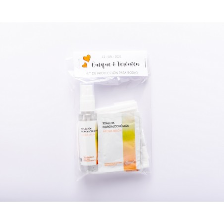 Kit regalo para bodas con spray hidroalcohólico de melón y mascarilla blanca